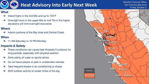 Heat advisory map for parts of northern and central California.