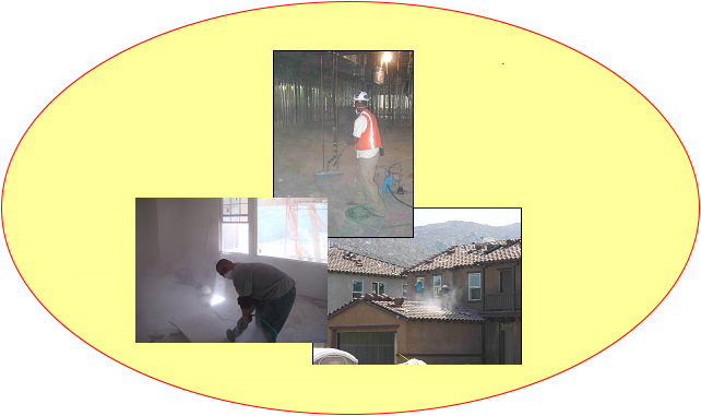 top: worker sweeping up debris containing slica; left: worker cutting tile backer-board; right: workers cutting roofing tile