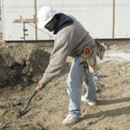 Laborers throwing dirt with shovel