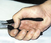 A hand holding a shorter handle tool