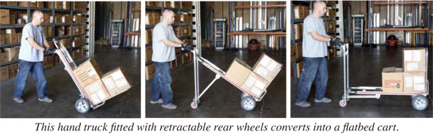 This hand truck fitted with retractable rear wheels converts into a flatbed cart