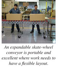 An expandable skate-wheel conveyor is portable and excellent where work needs to have a fl exible layout
