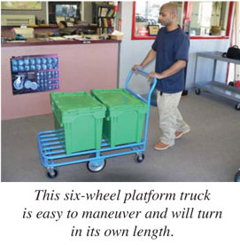 This six-wheel platform truck is easy to maneuver and will turn in its own length