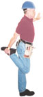 Carpenter exercising: Stretching legs