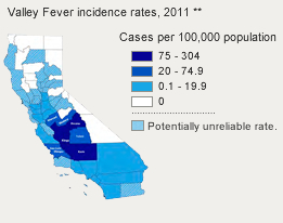 California map that highlights of highly endemic counties: Fresno, Kern, Kings, Madera, Merced, San Luis obispo, Tulare with incidence rates of 75 to 304 cases per 100,000 people.