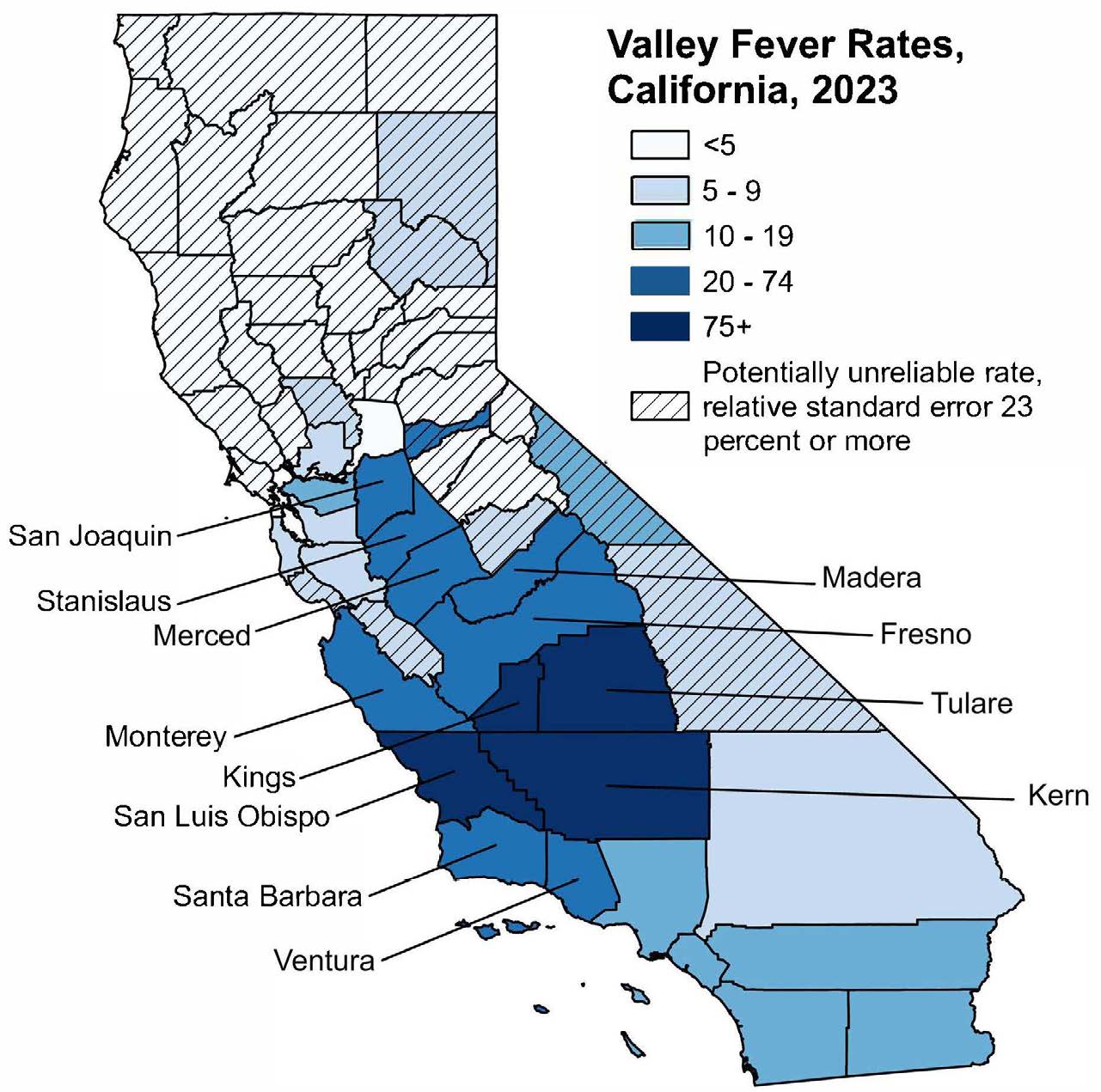 California map that highlights of highly endemic counties: Fresno, Kern, Kings, Madera, Merced, San Luis obispo, Tulare with incidence rates of 75 to 304 cases per 100,000 people.