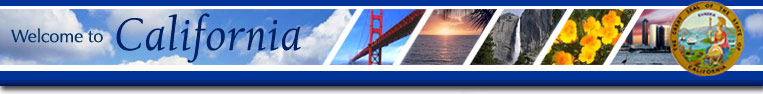 Welcome to California - images of Golden Gate 

Bridge, ocean sunset, waterfall, flowers, and city skyline