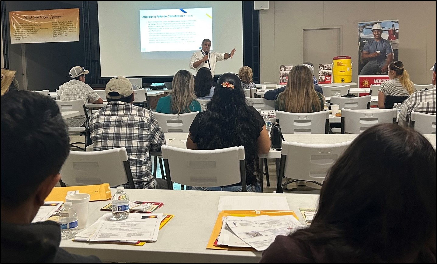 Participants gathered at the C.P.D.E.S. Portuguese Hall in Easton for heat illness prevention training in English and Spanish