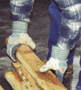 Carpenter wearing gloves to pick up scrap wood