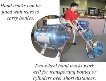 Hand trucks can be fitted with trays to carry bottles - Two-wheel hand trucks work well for transporting bottles or cylinders over short distances