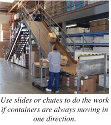 Use slides or chutes to do the work if containers are always moving in one direction
