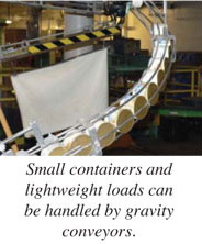 Small containers and lightweight loads can be handled by gravity conveyors