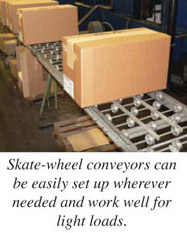 Skate-wheel conveyors can be easily set up wherever needed and work well for light loads.