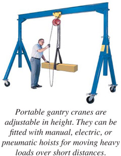 Portable gantry cranes are adjustable in height. They can be fitted with manual, electric, or pneumatic hoists for moving heavy loads over short distances