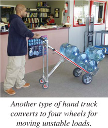 Another type of hand truck converts to four wheels for moving unstable loads