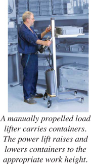 A manually propelled load lifter carries containers. The power lift raises and lowers containers to the appropriate work height