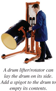 A drum lifter/rotator can lay the drum on its side. Add a spigot to the drum to empty its contents
