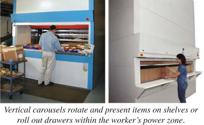 Vertical carousels rotate and present items on shelves or roll out drawers within the worker's power zone