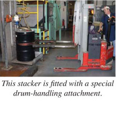 This stacker is fitted with a special drum-handling attachment