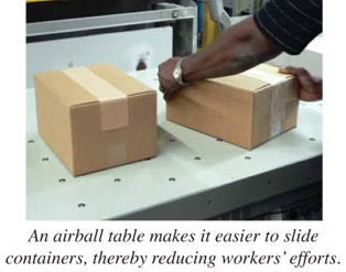 An airball table makes it easier to slide containers, thereby reducing workers' efforts