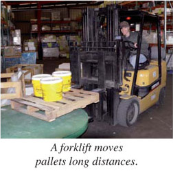 A forklift moves pallets long distances
