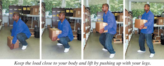 Keep the load close to your body and lift by pushing up with your legs