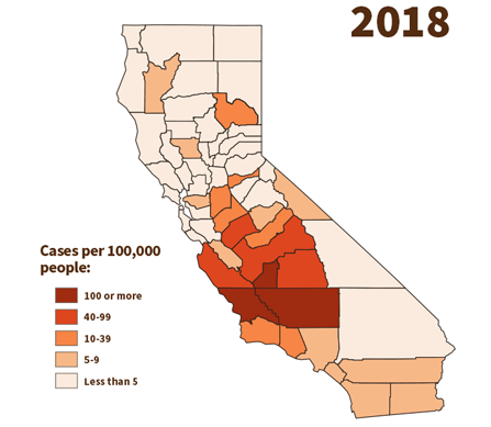California map that highlights of highly endemic counties: Fresno, Kern, Kings, Madera, Merced, San Luis obispo, Tulare with incidence rates of 75 to 304 cases per 100,000 people.