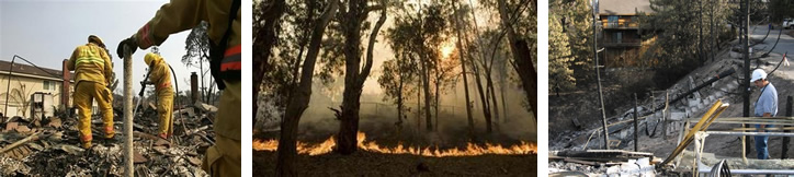 Three photos of wildfire cleanup operations