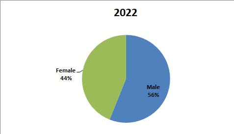 Count of FROIs by Gender Year of Injury 2020 Female 45%, Male 55%